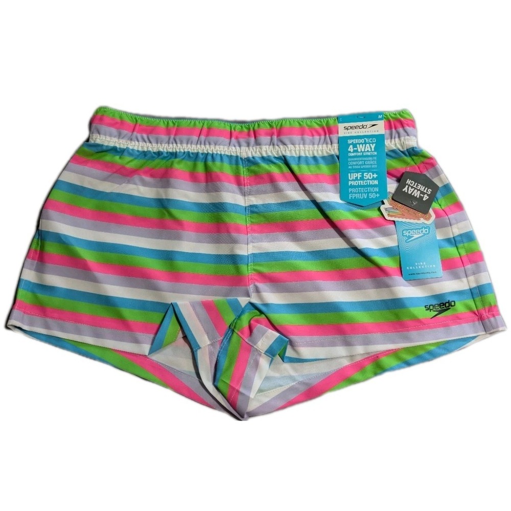 Speedo Vibe Collection Swim Shorts Womens M Colorful Stripe 4 Way Stretch UPF...